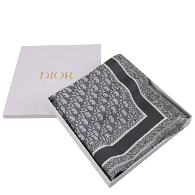 【Dior 迪奧】Oblique 品牌滿版緹花絲質混羊毛披肩大方巾(淺灰)