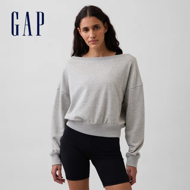 【GAP】VintageSoft毛圈布寬版開領短版運動衫-淺麻灰(887619)