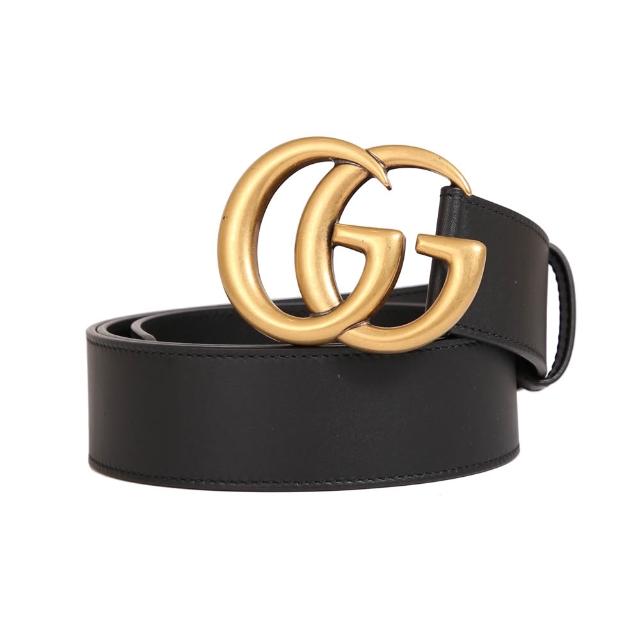 【GUCCI 古馳】GUCCI GG Marmont古銅色金屬LOGO 3CM皮帶(黑色)