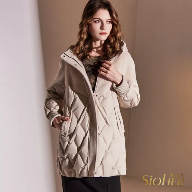 【SiOHER 熹歐禾】現貨 年度唯一鵝絨拼接毛呢大衣(女裝/女外套/長版外套/百搭/通勤)
