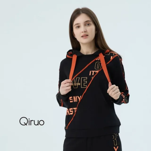 【Qiruo 奇若名品】厚磅棉質 字母設計黑色連帽上衣7229A