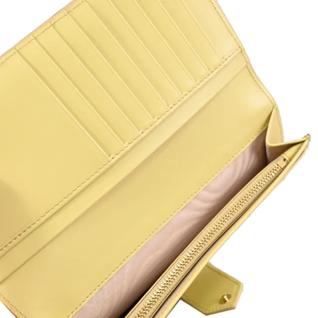 【PRADA 普拉達】經典浮雕LOGO多夾層扣式零錢長夾(淺黃)
