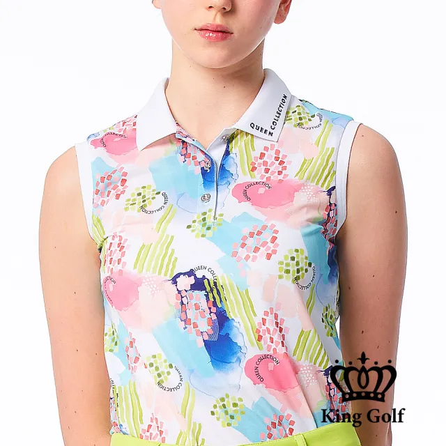 【KING GOLF】速達-網路限定款-女款滿版夏季煙花暈染插畫涼感無袖背心POLO衫/高爾夫球衫-白色