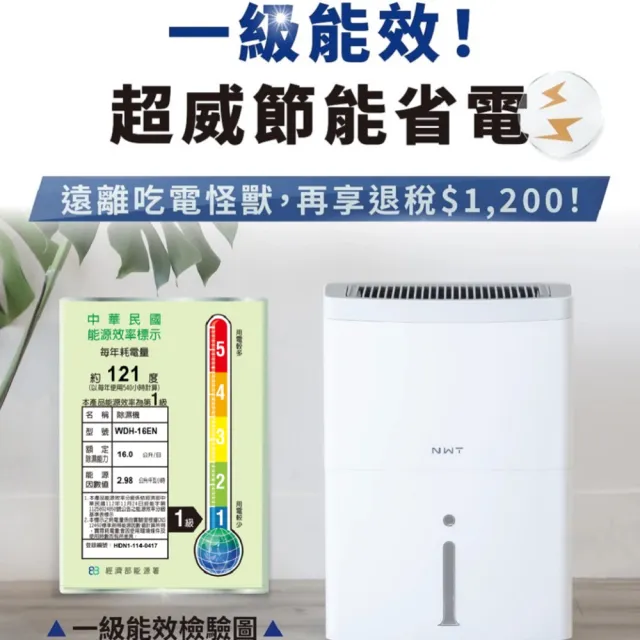 【NEW WIDETECH 威技】WiFi智慧一級能效16L除濕機(WDH-16EN)