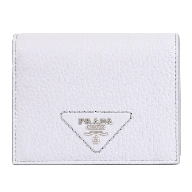 【PRADA 普拉達】經典三角LOGO荔枝牛皮對折扣式零錢短夾(淺灰藍)