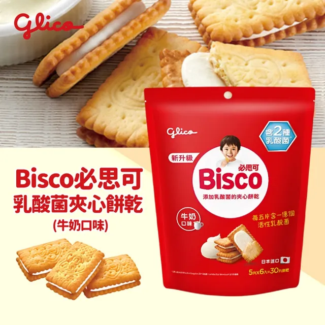 【Glico 格力高】官方直營 Bisco必思可 乳酸菌夾心餅乾 牛奶/草莓-口味任選(6入) (點心/餅乾/零食)
