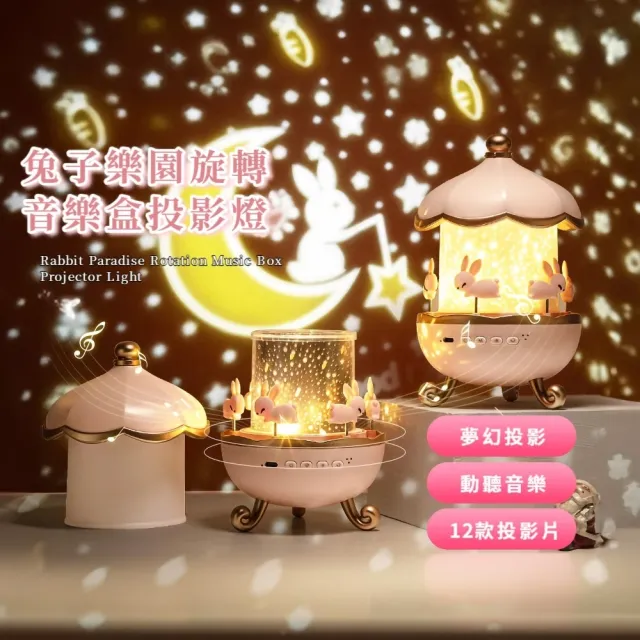 兔子樂園旋轉音樂盒投影燈(附12款投影片 8首音樂 小夜燈 星空燈 兒童 生日禮物)