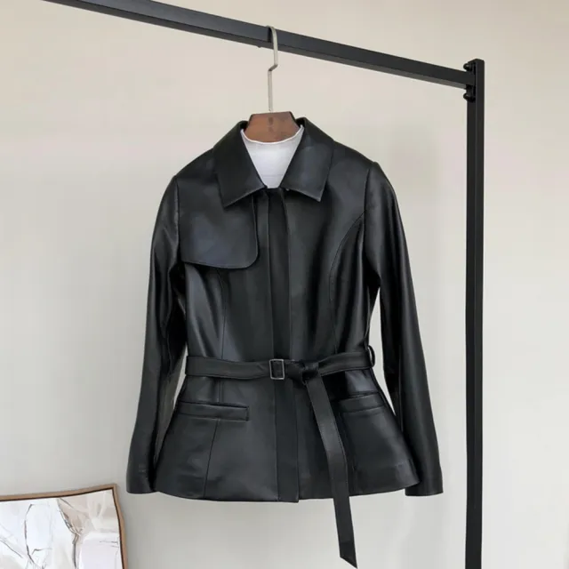 【巴黎精品】現貨+預購 真皮皮衣機車夾克(翻領綁帶造型羊皮夾克女外套v1ao22)