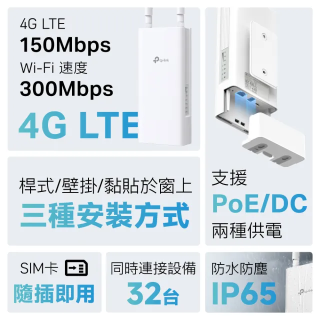 【TP-Link】4G Wi-Fi 分享器 300 Mbps IP65 戶外型PoE無線WiFi路由器(SIM卡隨插即用/TL-MR100-Outdoor)