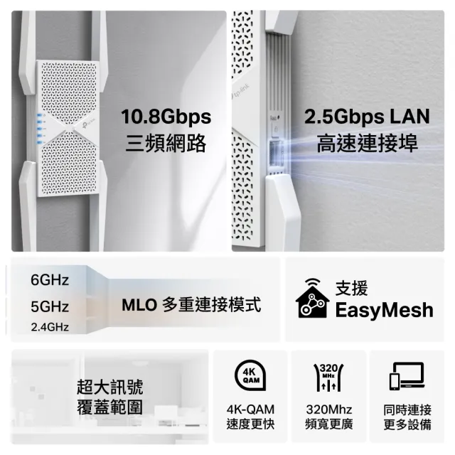 【TP-Link】WiFi 7 BE11000 三頻 2.5G 無線訊號延伸器 放大器 增強器 強波器(MLO/EasyMesh/RE655BE)