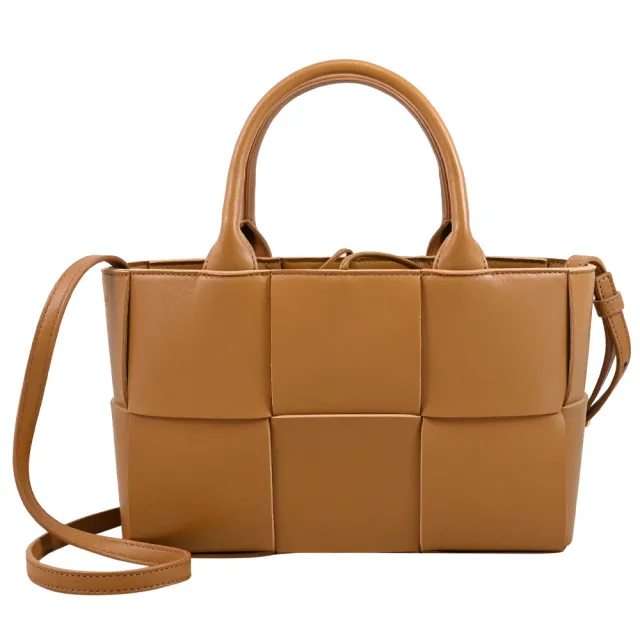 【BOTTEGA VENETA 寶緹嘉】Candy Arco 簡約手工大格編織手提包托特包兩用包(淺咖 大)