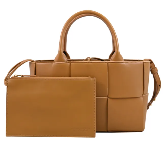 【BOTTEGA VENETA 寶緹嘉】Candy Arco 簡約手工大格編織手提包托特包兩用包(淺咖 大)