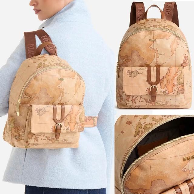 【Alviero Martini】義大利地圖包 超輕量尼龍 前口袋拉鍊後背包31cm-地圖黃x咖啡色(防潑水 收納)