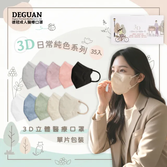 【Deguan】德冠 3D立體 成人醫用口罩 X1盒(35入/盒 隨身獨立單片包裝)