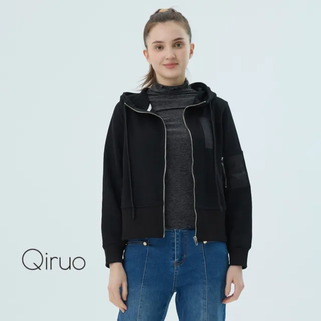 【Qiruo 奇若名品】防風布料 連帽短版夾克式拉鍊黑色連帽外套7155E 