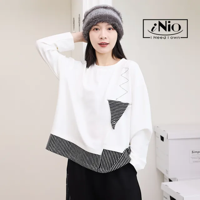 【iNio 衣著美學】撞色細紋拼接寬鬆長袖上衣 異材質設計線條 圓領落肩棉T CEW1875