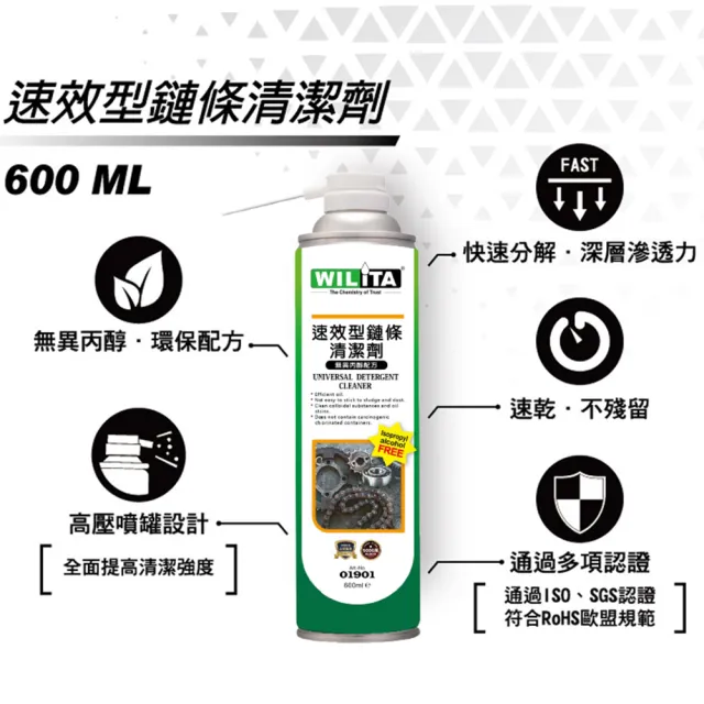 【WILITA 威力特】鏈條清潔基本組 適gogoro 重機 自行車(鏈條清潔劑+鏈條油+鏈條刷+纖維布)