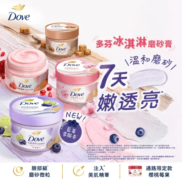 超市【Dove 多芬】去角質冰淇淋身體磨砂膏298gx1入(薰衣草/櫻桃/藍莓雪酪/石榴籽/櫻花/楓糖/奇異果籽)