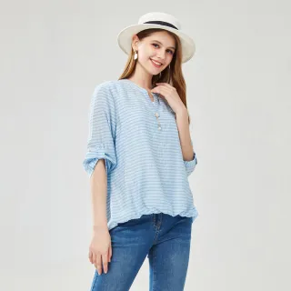 【MYVEGA 麥雪爾】棉質假兩件袖反摺橫條紋七分袖上衣-藍