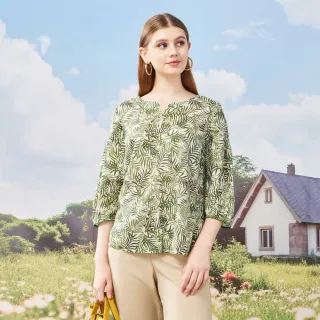 【MYVEGA 麥雪爾】純棉棕梠葉印花七分袖上衣-綠