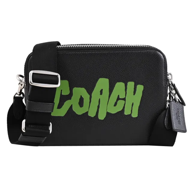【COACH】CHARTER 24 簡約塗鴉LOGO雙層雙拉鍊斜背包(黑)