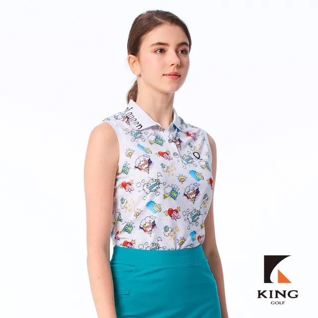 【KING GOLF】速達-網路限定款-女款美式漫畫印花涼感無袖背心POLO衫/高爾夫球衫-白色