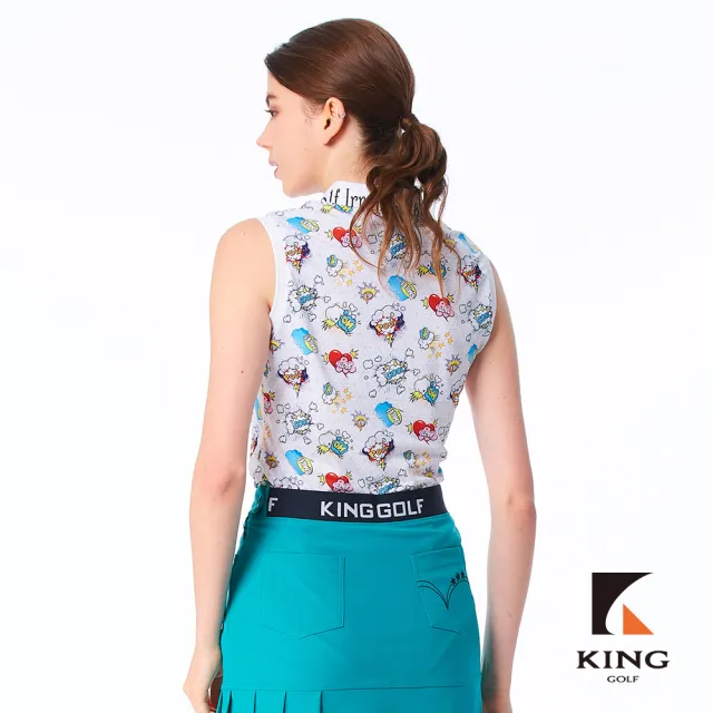 【KING GOLF】速達-網路限定款-女款美式漫畫印花涼感無袖背心POLO衫/高爾夫球衫-白色