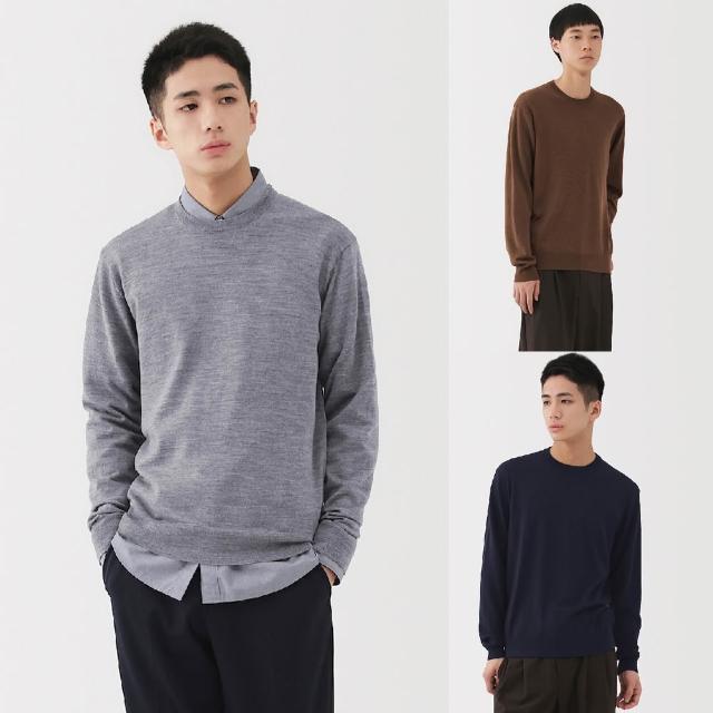 【MUJI 無印良品】男羊毛可水洗高密織圓領針織衫(灰色/黑色/象牙白/駝色/淡藍/暗藍)