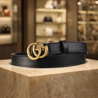 【GUCCI 古馳】GUCCI GG Marmont古銅色金屬LOGO 2CM皮帶(黑色)