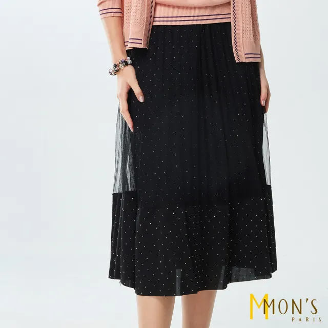 【MON’S】繁星燙鑽拼接網紗百摺裙(直)