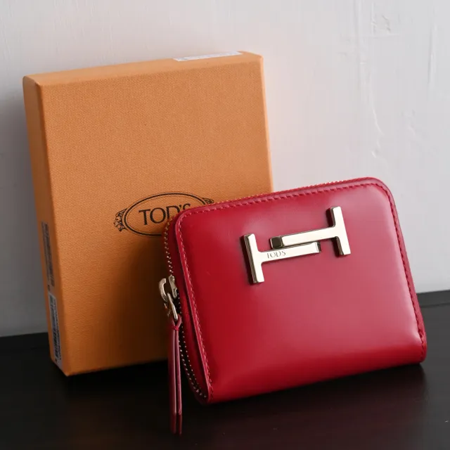【TOD’S】TODS DOUBLE T 金屬雙T小牛皮信用卡名片零錢包(亮紅)