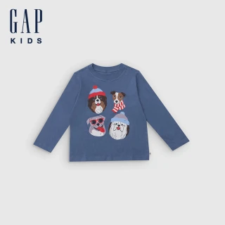 【GAP】男幼童裝 印花圓領長袖T恤-灰藍色(837766)