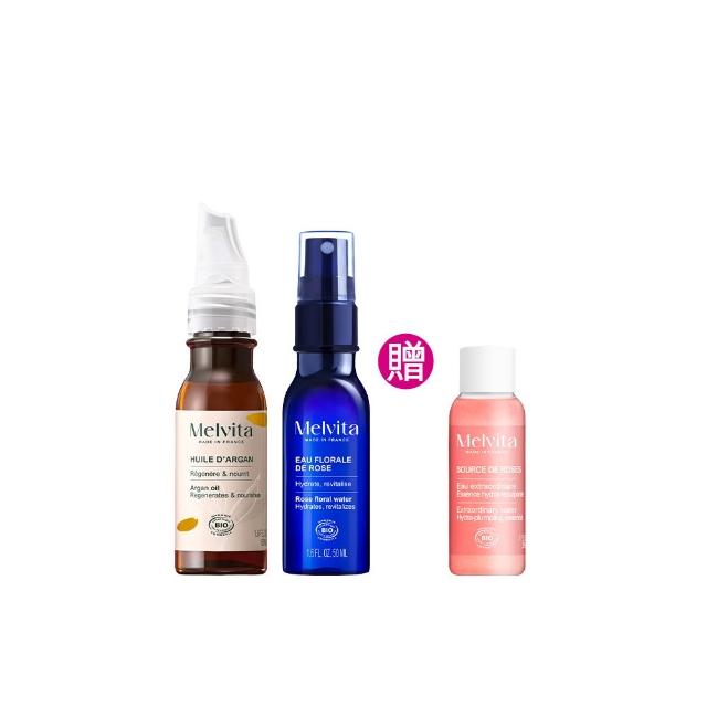 【Melvita 蜜葳特】人氣油水養膚超值組(摩洛哥堅果油50ml+玫瑰花粹50ml)