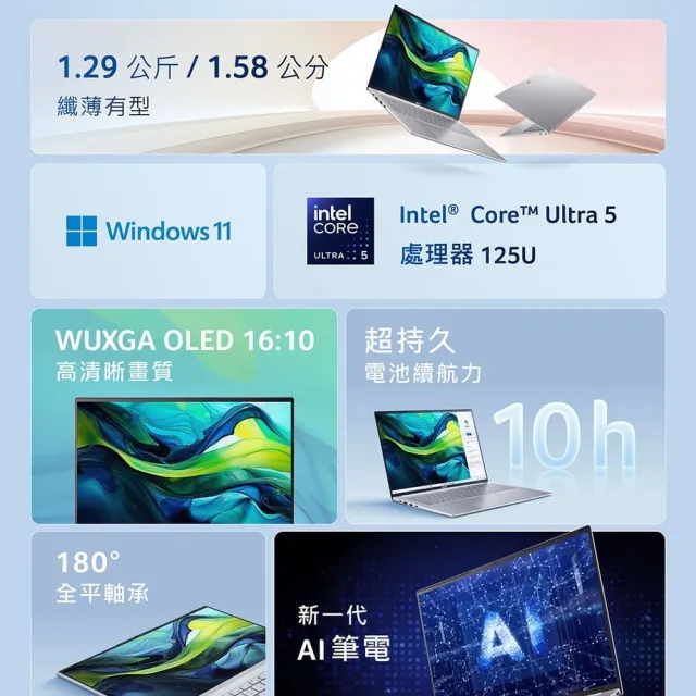 【Acer】羅技滑鼠組★16吋Ultra 5 AI OLED輕薄筆電(Swift Lite/SFL16-51M-59M6/Ultra 5-125U/16G/512G/W11)