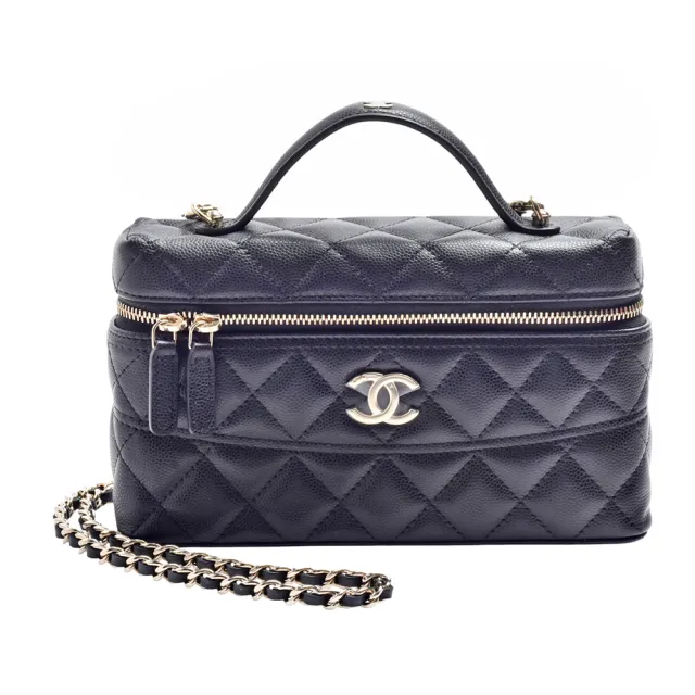 【CHANEL 香奈兒】經典VANITY CASE金色雙C LOGO粒紋牛皮手提/斜背包(黑色)