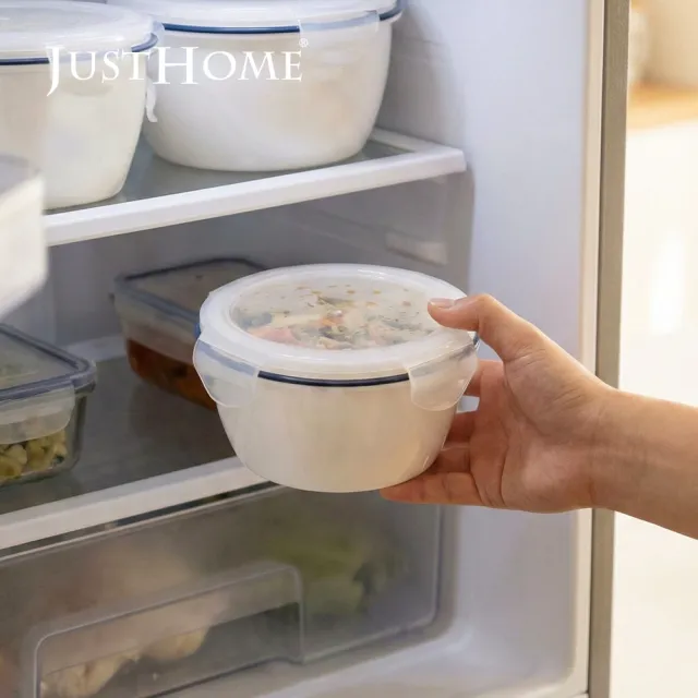 【Just Home】簡約純白藍邊陶瓷附蓋保鮮碗930ml(可微波 碗 飯碗 湯碗 點心碗)