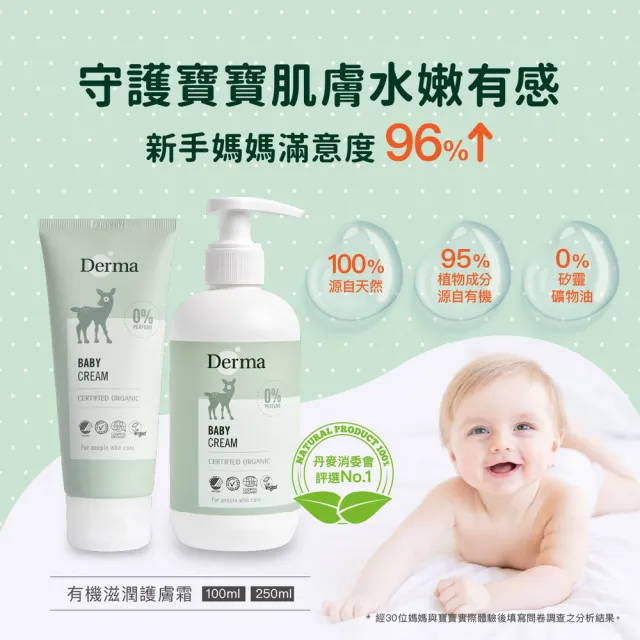 【Derma 丹麥德瑪】寶寶有機滋潤護膚霜家庭號 250ml*3入組(嬰幼兒乳液、新生兒)