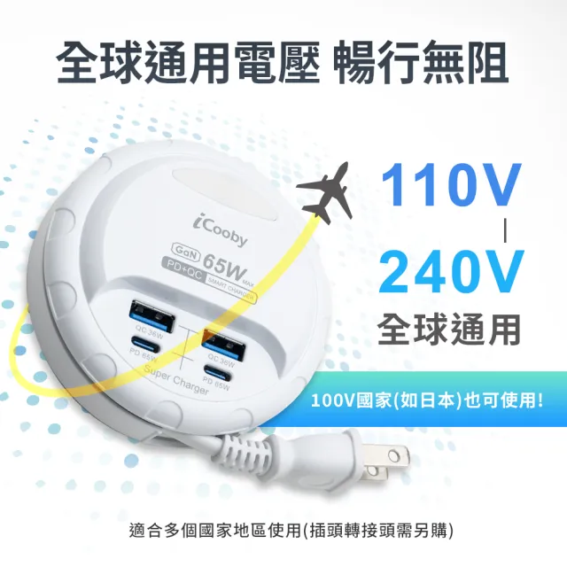 【iCooby】UB-60L 65W PD+QC轉盤收納充電器 露營 圓盤 延長線(2A2C 快充延長線)