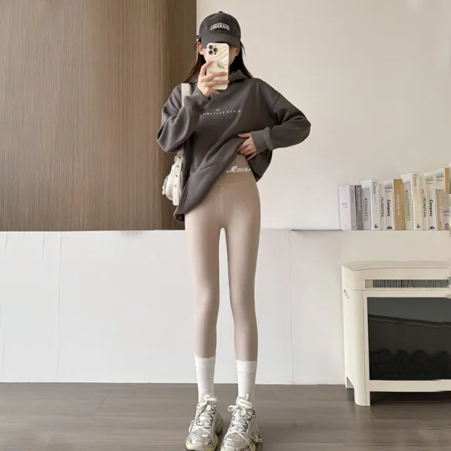 【D.studio】韓版高腰緊身雙面磨毛薄內刷毛鯊魚褲(緊身褲運動褲瑜珈褲長褲顯瘦褲高腰褲褲子女裝 P317)