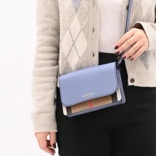 【BURBERRY 巴寶莉】英系經典棉麻格紋拼接手機多卡零錢晚宴包斜背包(淺藍)