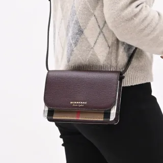 【BURBERRY 巴寶莉】英系經典棉麻格紋拼接手機多卡零錢晚宴包斜背包(酒紅)