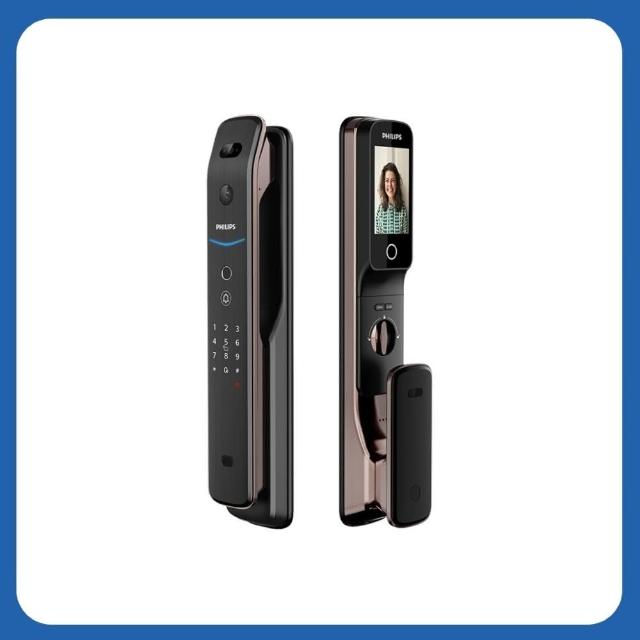 PHILIPS 飛利浦 709-FVP 五合一電子鎖，提供多種開門方式，包括指紋、臉部辨識、感應卡、藍芽APP、密碼及鑰匙，支援100張感應卡（飛利浦磁卡、悠遊卡、一卡通）及100個指紋登入，最多10組使用者密碼。適用門厚3.8~12mm，使用4顆3號電池，壽命4-8個月，緊急電源5V行動電源。產地中國，三年保固，NCC認證CCAI24LP0150T3。智慧安全五合一門鎖，升級家居安防！