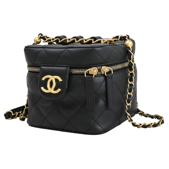 【CHANEL 香奈兒】經典雙C LOGO菱格紋牛皮肩斜三用復古包鍊包(黑/金)