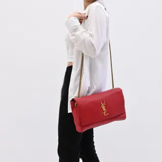 【YSL】KATE 金屬字母LOGO小羊皮麂皮翻蓋雙蓋三用肩斜鍊包(紅)