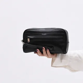 【YSL】簡約燙銀LOGO素雅小牛皮手提包萬用包(黑)