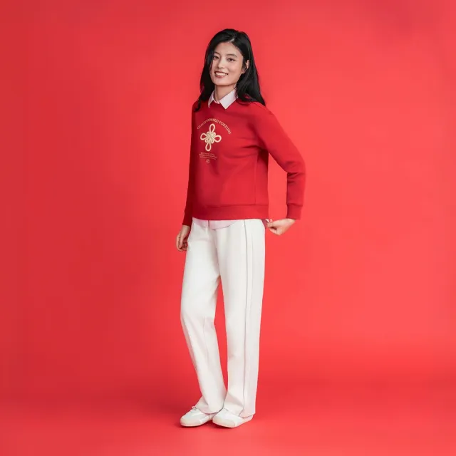 【GIORDANO 佐丹奴】女裝寬鬆圓領印花大學T(39 高貴紅)