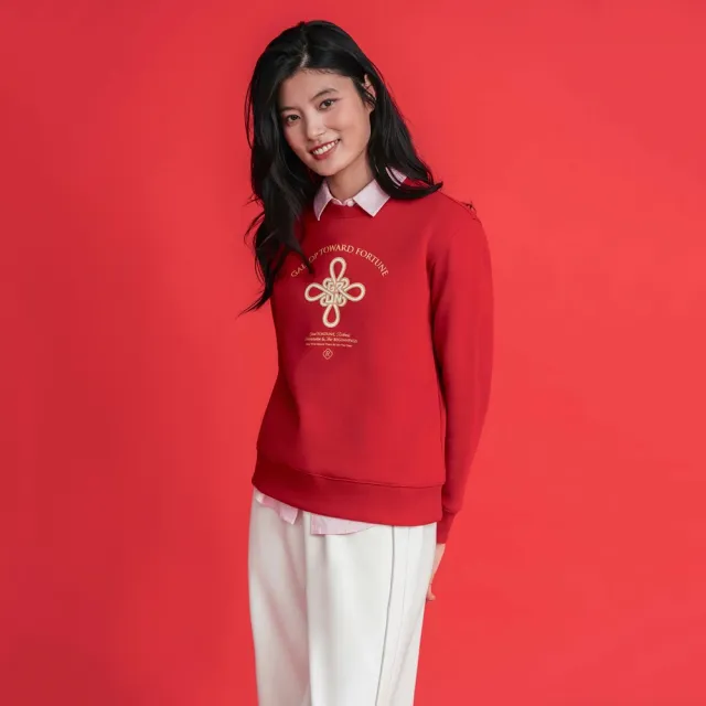 【GIORDANO 佐丹奴】女裝寬鬆圓領印花大學T(39 高貴紅)