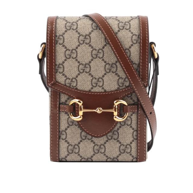 【GUCCI 古馳】Horsebit 1955 GG Supreme帆布手機斜背包(棕色)