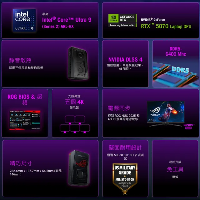 【ASUS 華碩】Ultra 9 RTX5070 迷你電競電腦(ROG NUC/Ultra 9-275HX/16G/1TB SSD/W11H)
