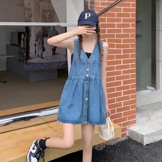 【AS 梨卡】女裝 洋裝 短裙 牛仔背帶 無袖吊帶 背心裙 顯瘦洋裝 夏季短裙 百搭洋裝 GA709